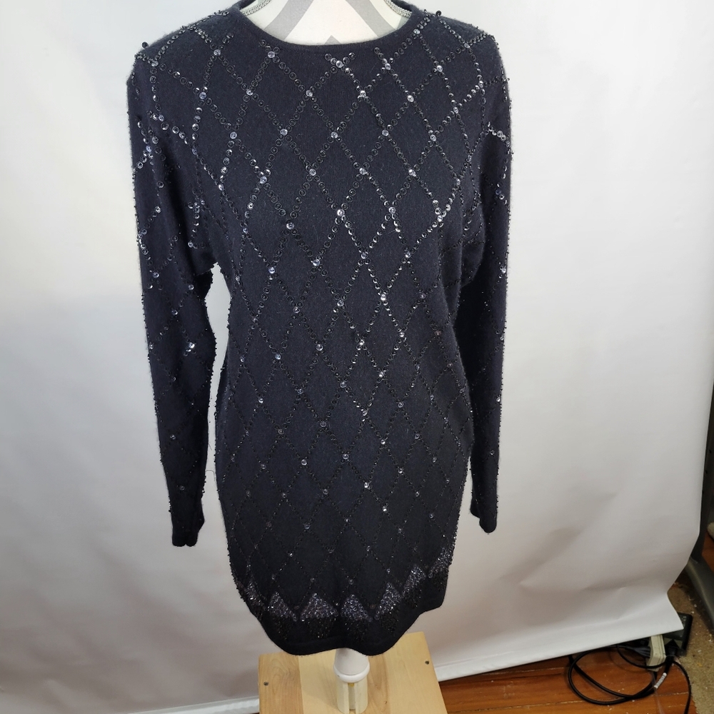 Linda Allard for Ellen Tracy Lambs Wool Angora Sweater Dress Diamond Sequin Med